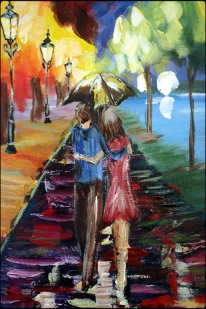 Aşk, Akşam Işıkları Şehir Manzaraları Afremov 2 Dekoratif Sanat Kanvas Tablo