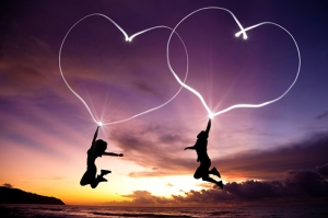 Aşk ve Sevgi Işıklı Kalpler Gün Batımı Aşk & Sevgi Kanvas Tablo