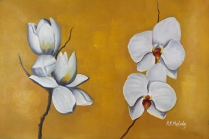 Beyaz Çiçekler 2 Orkideler Yağlı Boya Sanat Kanvas Tablo