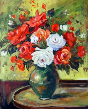 Kırmızı ve Beyaz Güller Floral Yağlı Boya Sanat Kanvas Tablo