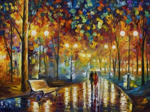 Leonid Afremov 6 Park, Sevgili ve Yağmur Yağlı Boya Sanat Kanvas Tablo