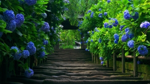 Mavi Ortancalar ve Merdivenler Doğa Manzaraları Kanvas Tablo