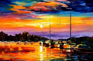 Renkli Kayıklar Gün Batımı, Deniz Manzara 3 Yağlı Boya Sanat Kanvas Tablo