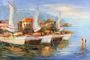 Renkli Kayıklar, Yelkenliler Deniz Manzarası 11 Yağlı Boya Sanat Canvas Tablo