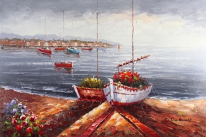 Renkli Kayıklar, Yelkenliler Deniz Manzarası 5 Yağlı Boya Sanat Canvas Tablo