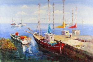 Renkli Kayıklar, Yelkenliler Deniz Manzarası 8 Yağlı Boya Sanat Canvas Tablo