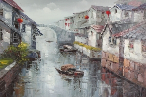 Su Kanalı, Çin'de Deniz ve Şehir Manzaraları Kanvas Tablo
