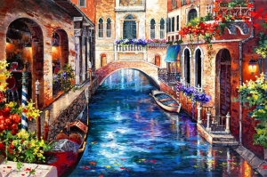 Venedik Renkli Çiçekler Dar Kanallar Renkli Evler İtalya-4 Yağlı Boya Sanat Kanvas Tablo