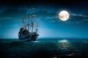 Yelkenli Gemi Gece Manzarası Dolunay Kanvas Tablo